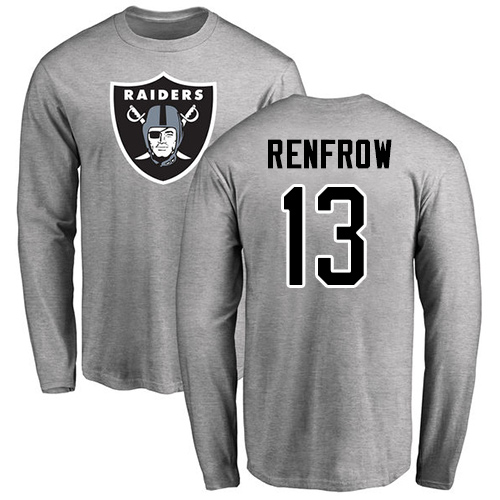 Men Oakland Raiders Ash Hunter Renfrow Name and Number Logo NFL Football #13 Long Sleeve T Shirt->oakland raiders->NFL Jersey